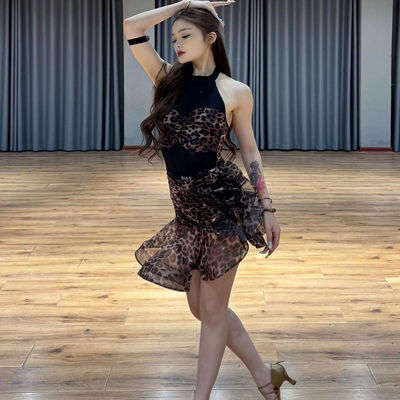 ELLA-D拉丁舞服小野豹黑网纱豹纹拼接上衣豹纹鱼骨半裙演出艺考
