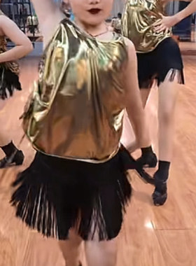 星尚拉丁舞服国标舞金色上衣黑色流苏裙专业舞蹈训练功服套装夏季