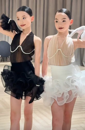 新款2025舞服拉丁舞练习服典雅珍珠花边裙摆显气质女童成人高级感