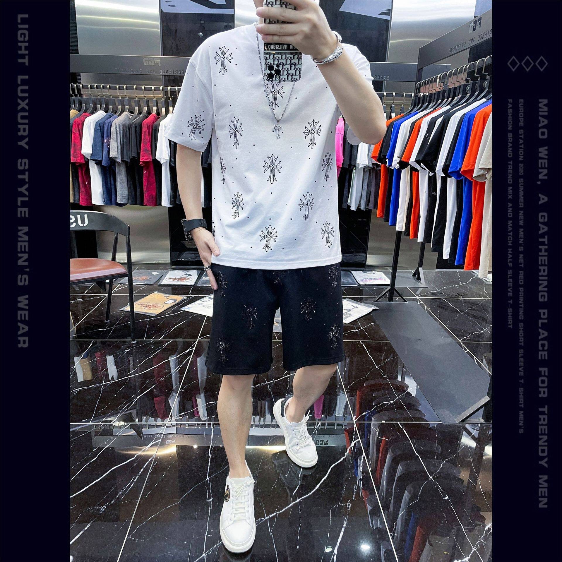 欧洲站高端烫钻短袖短裤套装男2024夏季新款男士帅气一套搭配