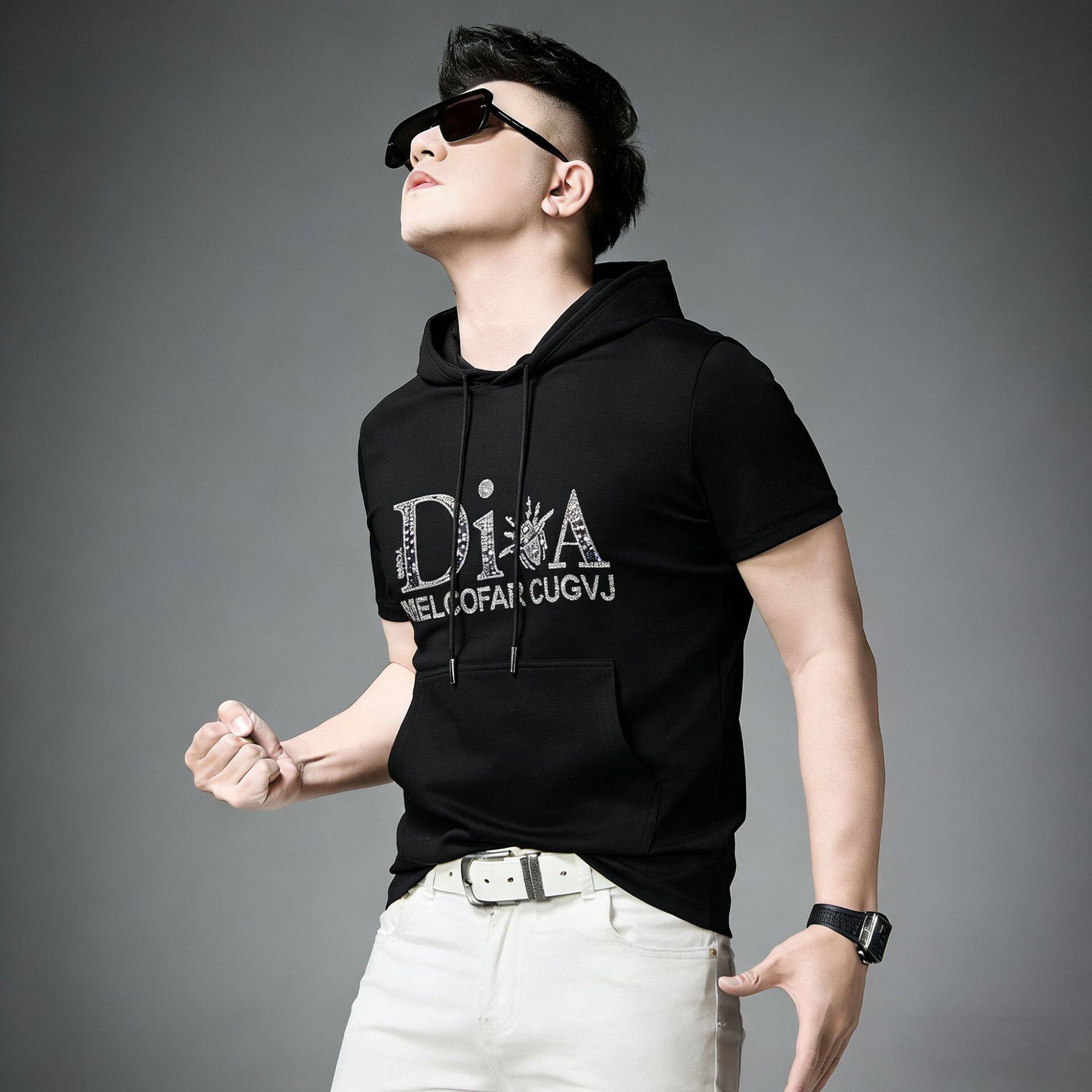 欧货潮牌字母印花连帽卫衣男款夏季2026新款短袖t恤男士半袖上衣