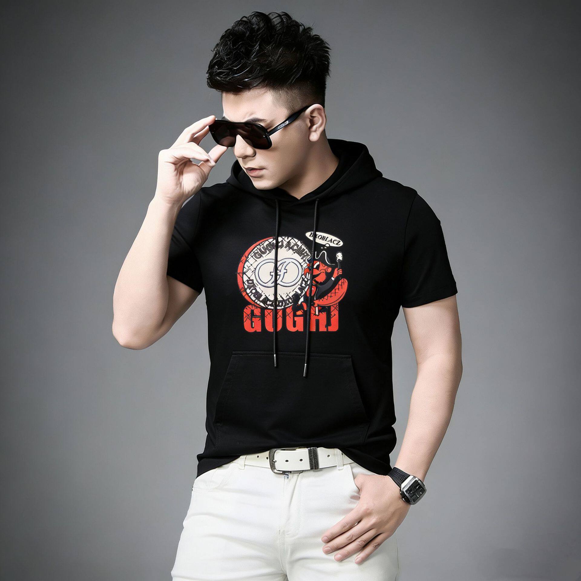 欧洲站2026新款高端修身连帽卫衣男潮牌印花短袖夏季休闲薄款T恤