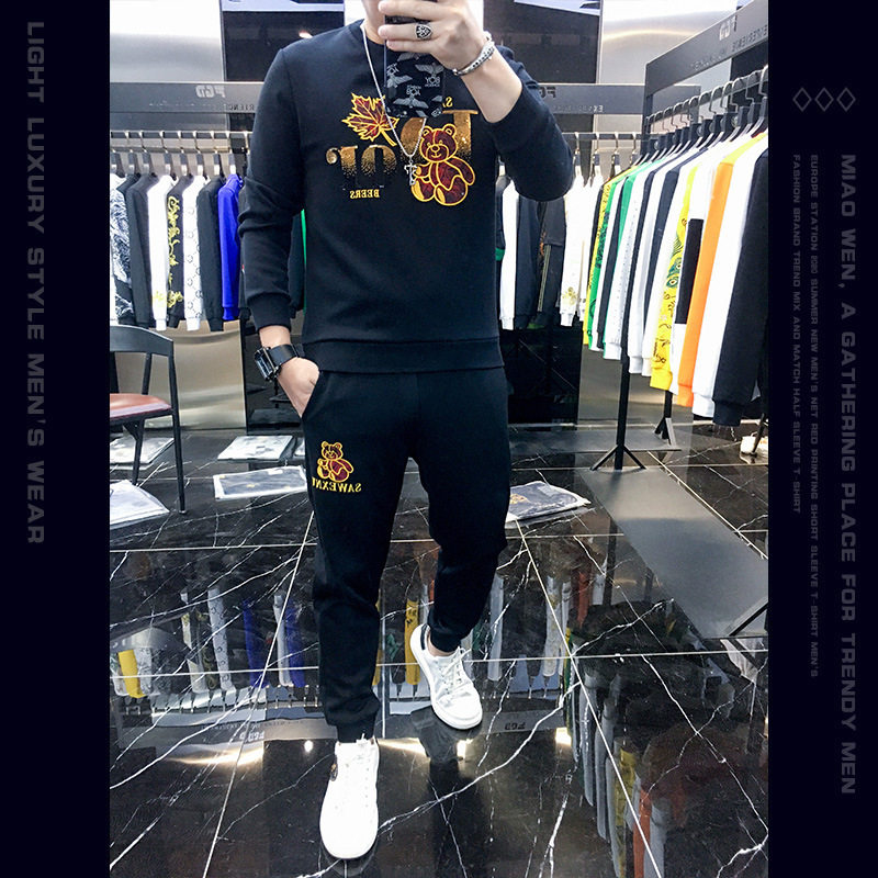 欧货男士刺绣小熊卫衣休闲套装秋季2023新款潮牌男装一套搭配帅气