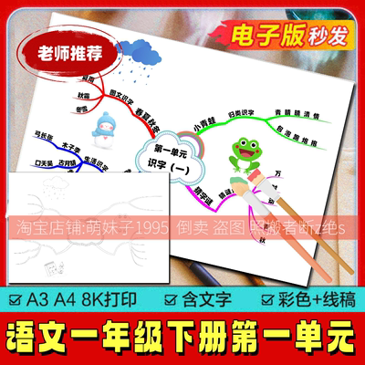 模版部编人教语文一年级下册第一单元手绘空白线稿思维导图手抄报