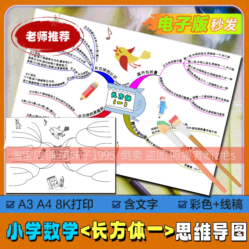 黑白涂色半成品小学生数学长方体(一)思维导图模版手抄报手绘线稿