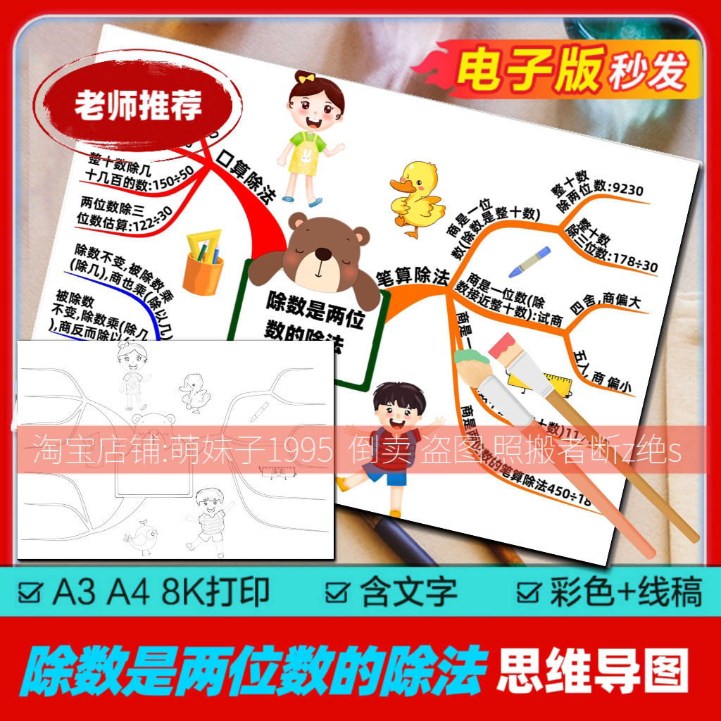 小学数学除数是两位数的除法思维导图手绘线稿涂色模板a3a48k素材