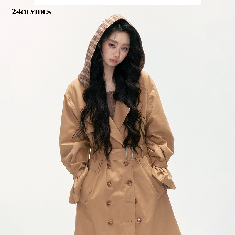 24olvides“暖邮来信” 韩系翻领连帽格纹拼接双排扣长款夹棉风衣