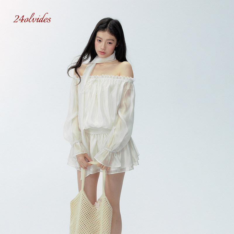 24olvides 初夏韩蕾系列在雨中｜ 轻盈纱料一字肩蕾丝收腰连衣裙
