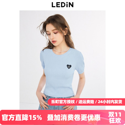 乐町清甜风泡泡袖针织衫秋季新款圆领修身短袖干爽针织上衣