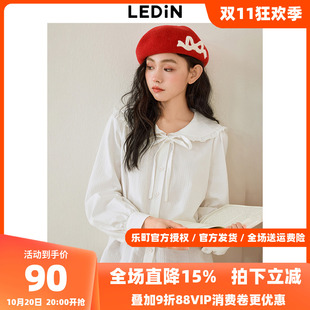 100%棉 蝴蝶结泡泡袖 乐町甜美娃娃领白色衬衫 新款 衬衫 秋季