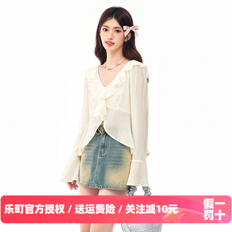 乐町夏季新款甜美木耳边衬衫开衫女C1CAE2217