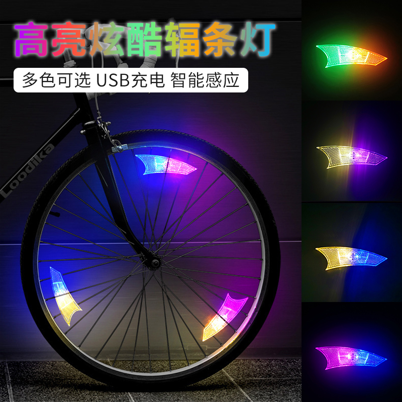 自行车灯夜骑灯充电辐条灯儿童平滑车闪光风火轮胎灯彩灯骑行装备