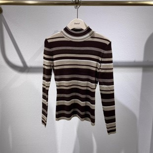 显瘦时尚 朵以半高领条纹套头毛织多色拼接修身 百搭女士针织上衣女