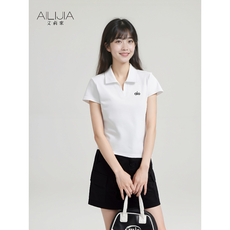 艾莉家2025新款Polo领正肩T恤显瘦时尚v领刺绣短袖夏女