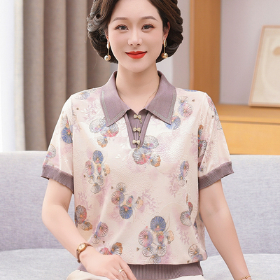 时尚妈妈翻领冰丝短袖T恤衫夏装