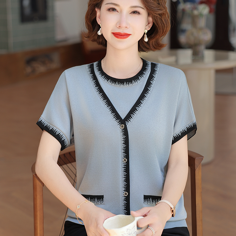 中年妈妈夏装冰丝短袖t恤衫洋气中老年妇女宽松两件套装针织上衣