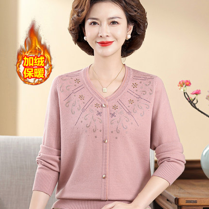中年妈妈秋冬季加绒针织打底衫保暖上衣中老年女装一体绒加厚毛衣