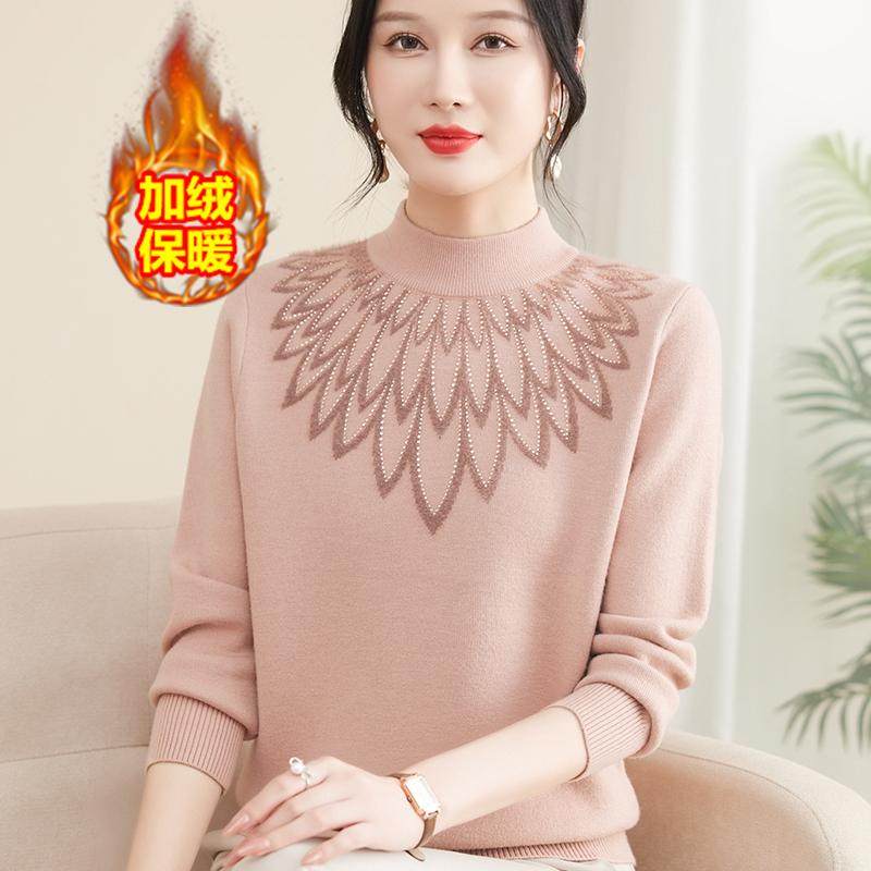 毛衣半高领一体绒妈妈冬装加绒图片