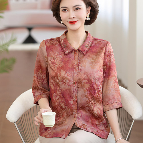 五十多岁妈妈夏装气质翻领衬衫