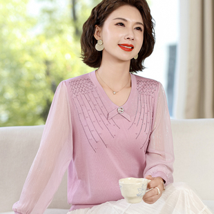 中年妈妈秋装长袖T恤上衣贵夫人薄款针织小衫中老年女春秋打底衫