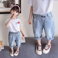 Quần crop top nữ 2019 mới mùa hè skinny rách quần jeans siêu trẻ em nước ngoài phiên bản Hàn Quốc của quần cũ - Quần jean quần jean lót lông trẻ em