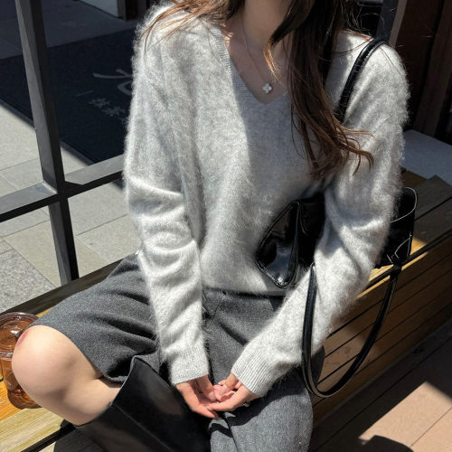 [拉绒系列]丝羊绒V领拉毛毛衣女26秋季新款女装中厚款羊毛针织衫