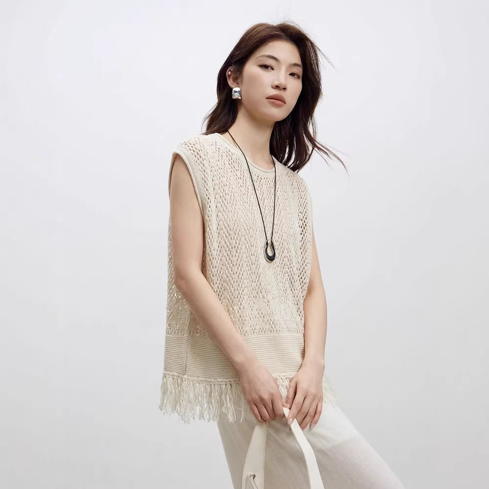 和纸纱流苏边镂空针织马甲背心女外穿26新款女装圆领坎肩春季上衣