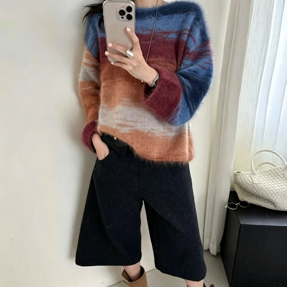 [拉绒系列]丝羊绒渐变拉毛毛衣女秋冬厚款慵懒风渐变一字领针织衫