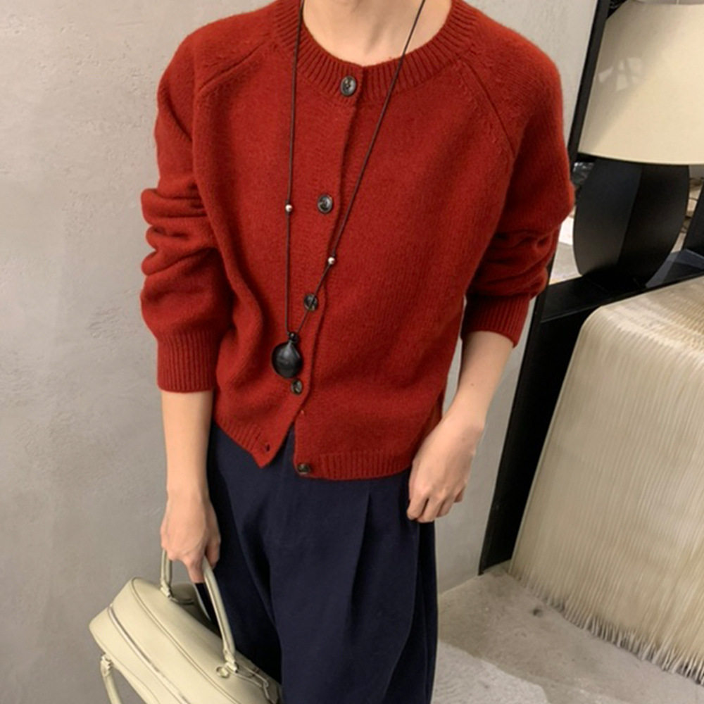 松弛感浣熊绒圆领羊毛针织开衫2026秋季新款女装中厚款毛衣女外套