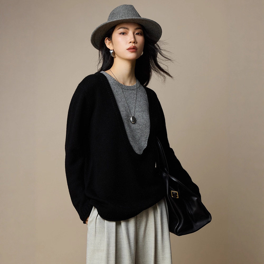 韩系100羊毛针织衫撞色假两件宽松毛衣厚款2026女装新款秋冬上衣