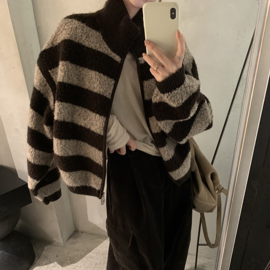 美拉德圈圈纱100羊毛开衫高领条纹拉链毛衣外套女秋冬厚款针织衫