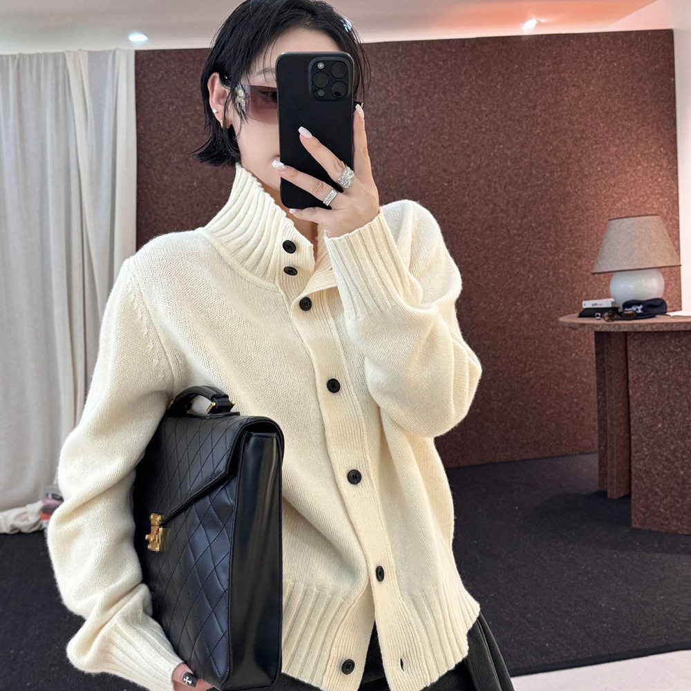 美利奴100羊毛开衫女宽松高领毛衣外套女秋冬新款女装针织衫上衣