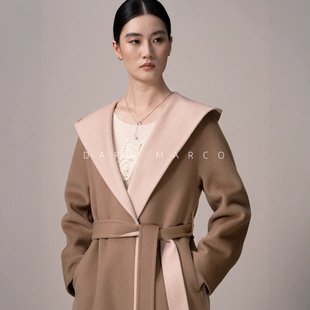 Max家静奢风拼色翻领双面呢大衣同料系带收腰手工羊绒知性外套女
