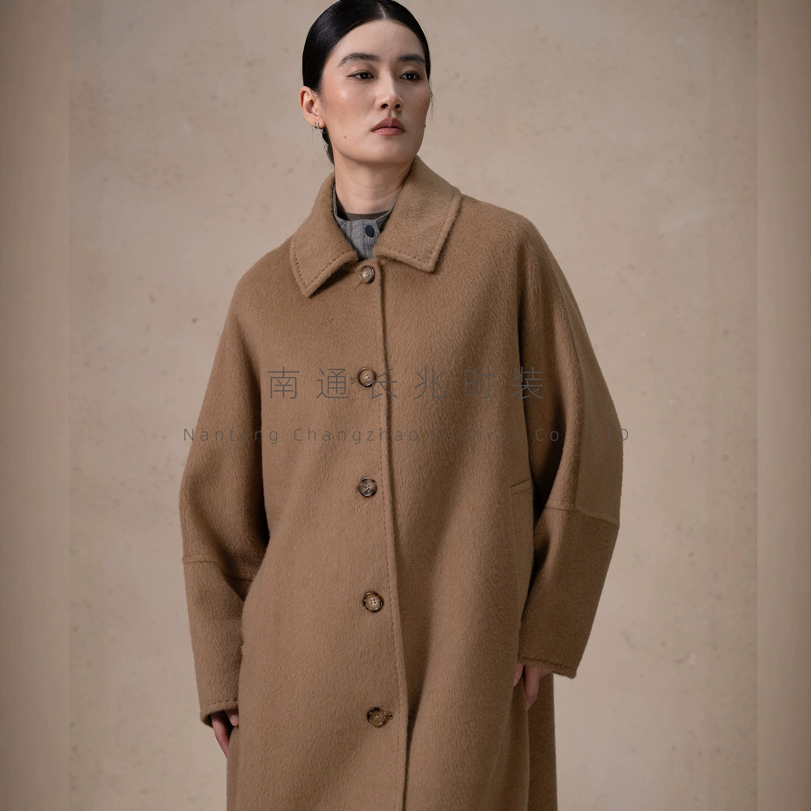 DING制面料~100%骆驼绒H型灯笼袖大衣女中长款2026秋冬新款外套女