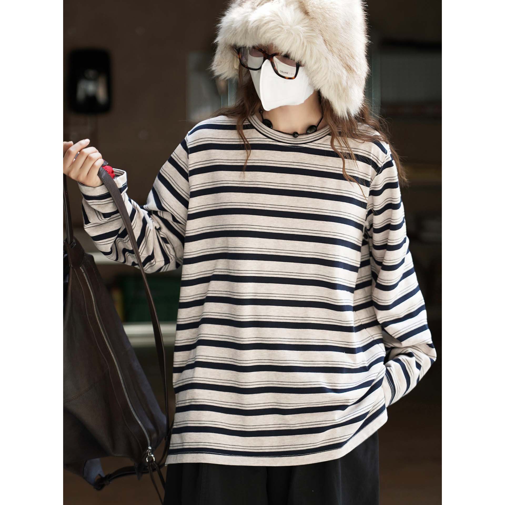 卢浮秋季新款韩系慵懒简约风基础款条纹长袖T恤宽松百搭上衣女