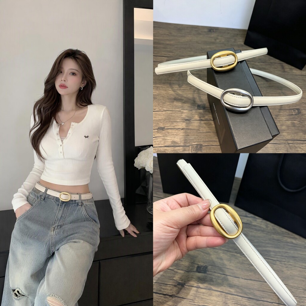 高级感细款真皮女士皮带 椭圆圆环扣 连衣裙西装风衣百搭装饰腰带