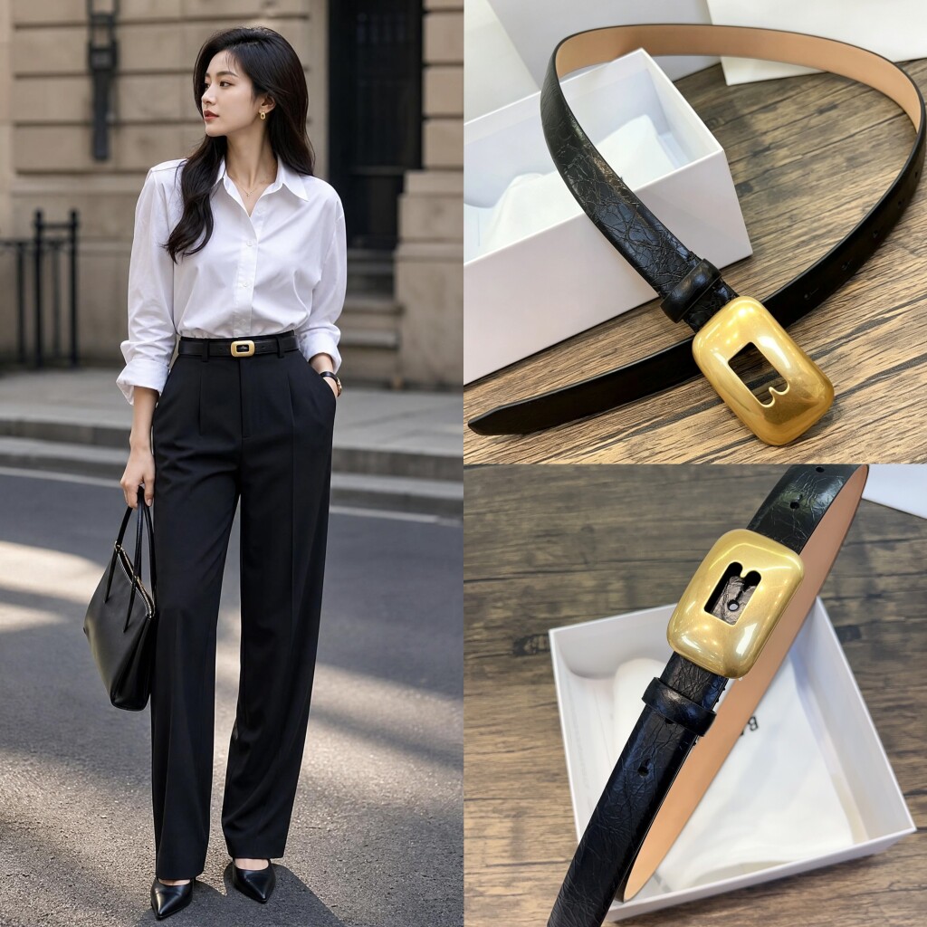 高级感裂纹牛皮女士皮带 镂空方金扣 大衣西装连衣裙百搭装饰腰带