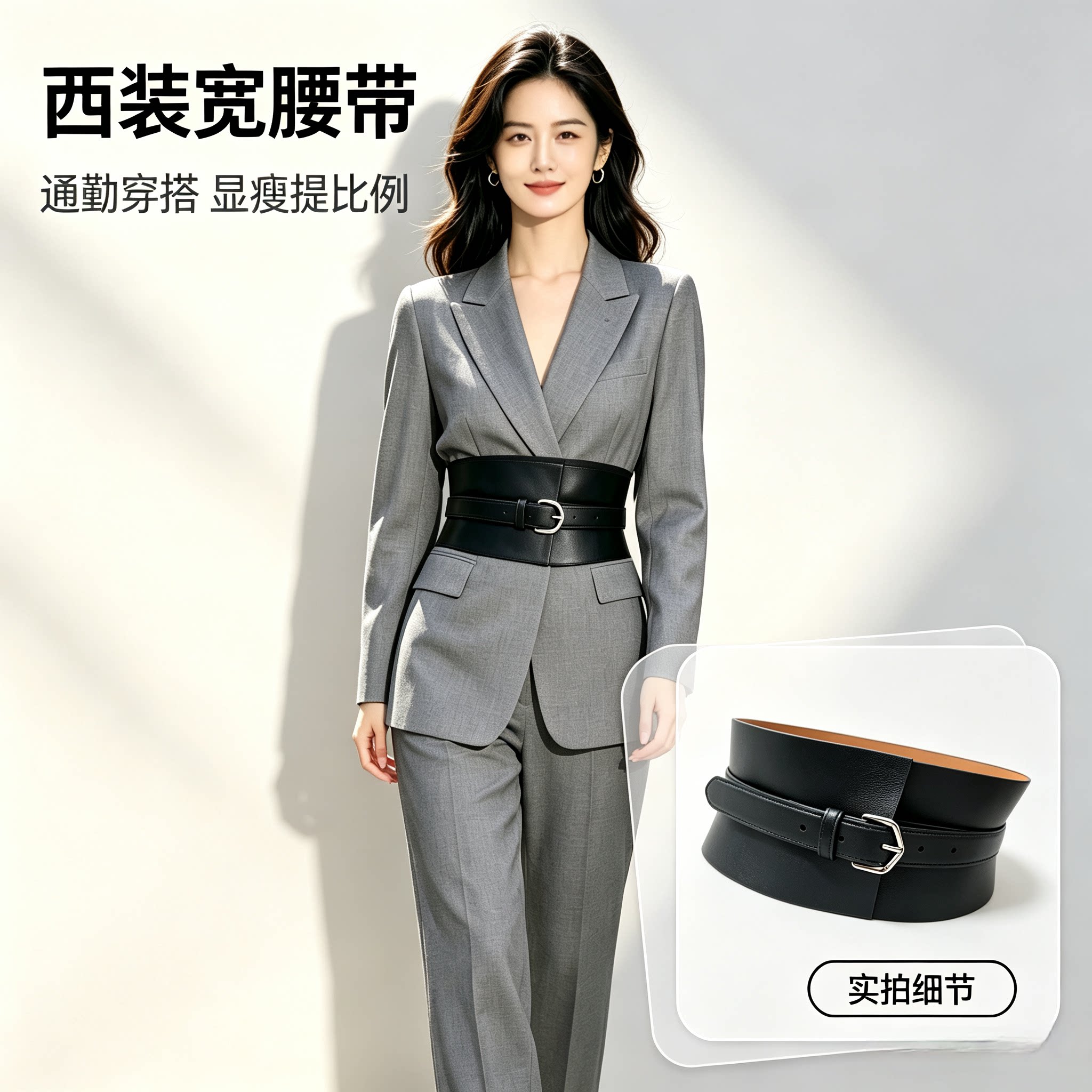 焦糖棕宽腰封女 金色方扣装饰皮带 连衣裙西装外搭收腰显瘦宽腰带