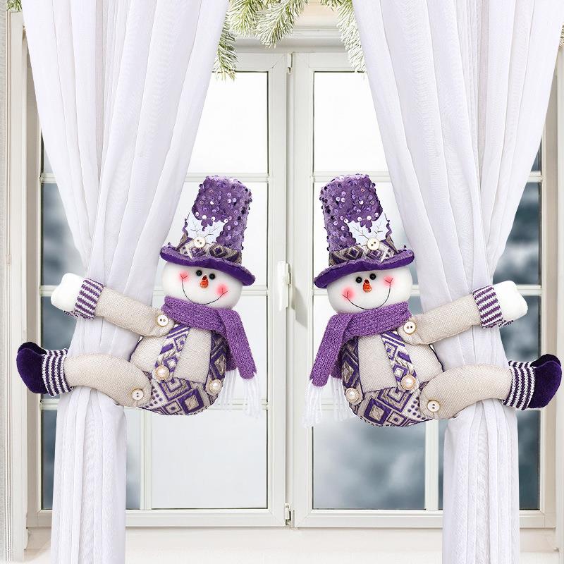 新款跨境圣诞节窗帘扣装饰品紫色圣诞老人雪人挂饰玩偶橱窗挂件