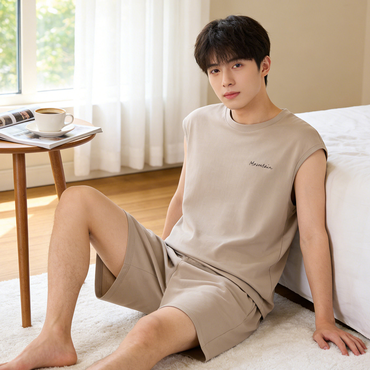 顶呱呱男士纯棉无袖背心短裤睡衣套装夏薄款休闲可外穿青年家居服