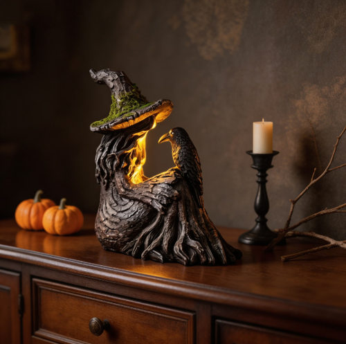 跨境Light Up Witch and Crow Figurine万圣节女巫乌鸦桌面摆件
