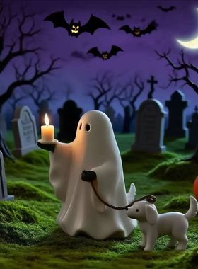 跨境创意树脂工艺遛狗幽灵万圣节装饰节日派对场景装饰桌面摆件