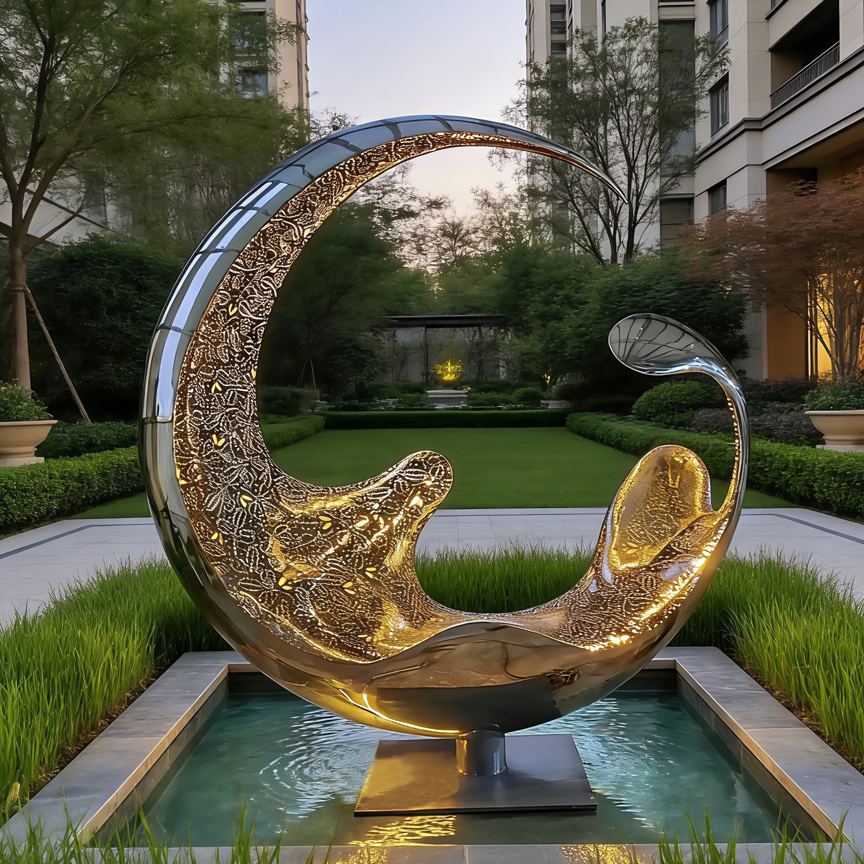 不锈钢月亮雕塑定制户外景观城市水景镂空月亮镜面浪花金属鹿几何