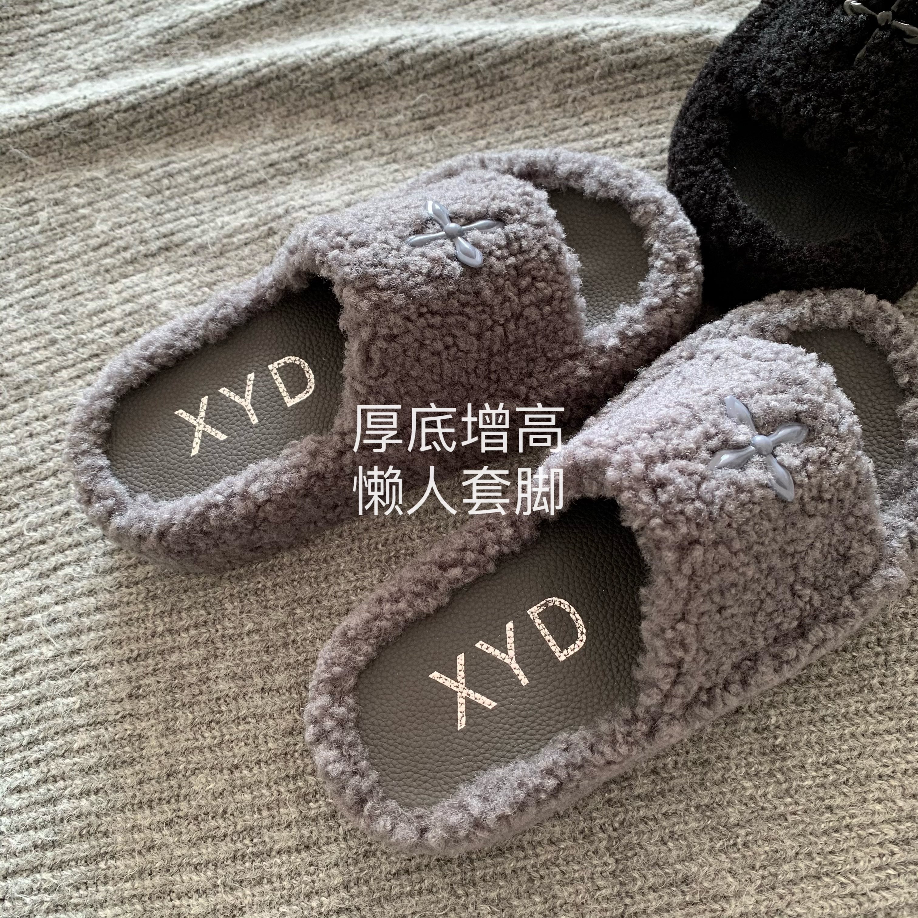 幻影灰~INS增高显腿长毛呢毛毛拖鞋女外穿秋冬百搭休闲显瘦一字拖,女鞋,一字拖,淘宝优惠券,粉丝福利购,淘宝优惠卷