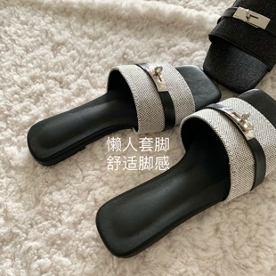 2025新款 养马种草 沙滩凉拖鞋 INS欣欣子同款 方头一字拖女外穿夏季