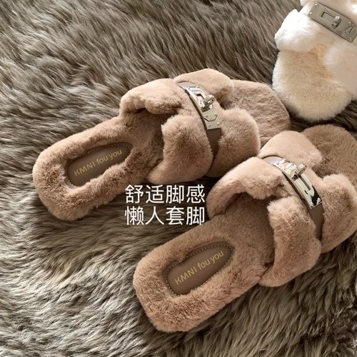 韩版ins女外穿平底毛毛一字拖鞋