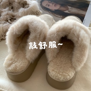 加绒保暖雪地靴加厚时髦 女INS冬季 好温暖 小奶毛高级感毛毛拖鞋