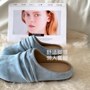 马德里幻想~法式蓝色褶皱勃肯鞋女2026新款慵懒百搭钓鱼博肯半拖