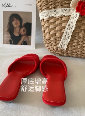 “山楂树之恋”正红色纯色显白凉拖鞋ins法式露趾复古一字拖女夏