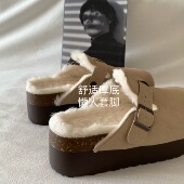 韩国INS厚底百搭加绒加厚勃肯鞋 增高毛毛拖鞋 女冬季 外穿保暖棉鞋